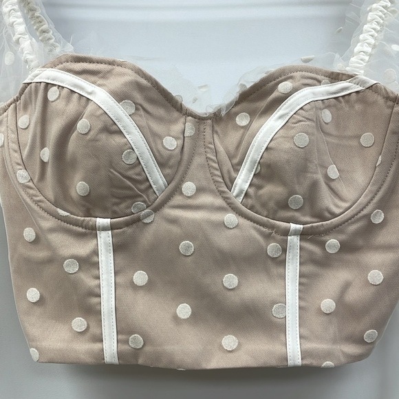 Hello Molly Sunset Polka Dot Mesh Sweetheart Corset Crop Top Preppy Beige 4 - Picture 6 of 12